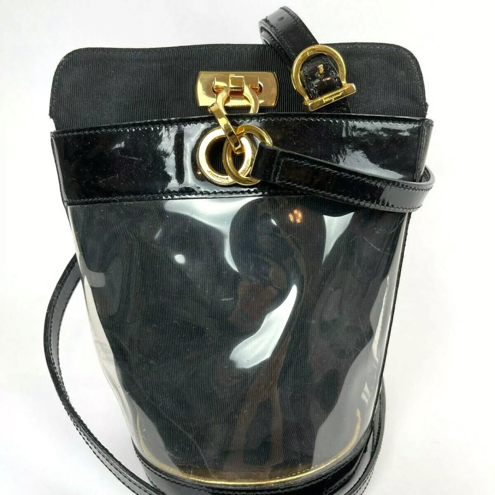 Salvatore Ferragamo Black Patent Shoulder Bag with Gold Hardware